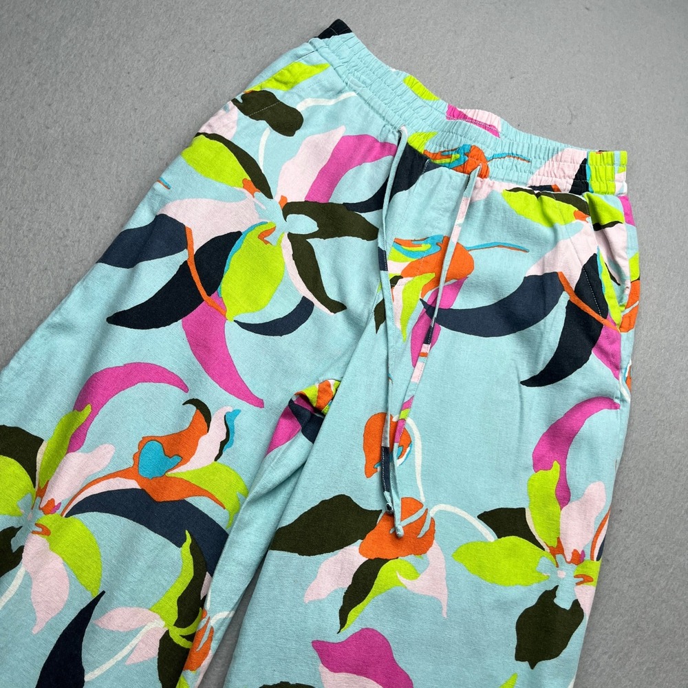 A New Day Tropical Floral Wide Leg Pants Teal Blue Small Boho Summer Linen Blend